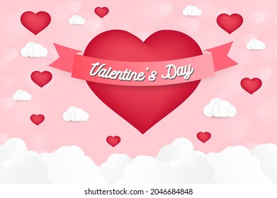 a heart shape. paper art style. valentine day. Origami made hot air balloon