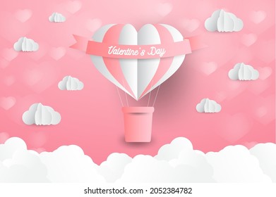 a heart shape. paper art style. valentine day. Origami made hot air balloon