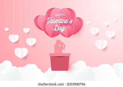 a heart shape. paper art style. valentine day. Origami made hot air balloon