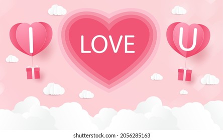 a heart shape. paper art style. valentine day. Origami made hot air balloon