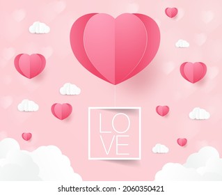a heart shape. paper art style. valentine day. Origami made hot air balloon