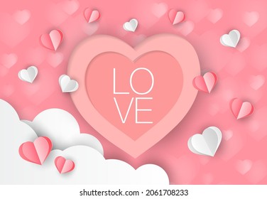 a heart shape. paper art style. valentine day. Origami made hot air balloon