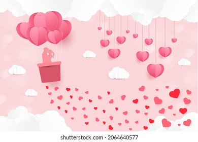 a heart shape. paper art style. valentine day. Origami made hot air balloon