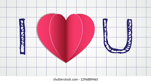 heart shape in a paper cut style lays on a sheet of a copybook and the letters means I Love You, romantic vector illustration