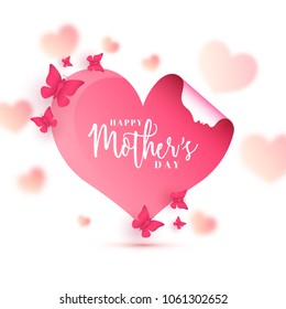 Heart shape paper with a woman face, butterflies and text Happy Mothers Day. Greeting card design.