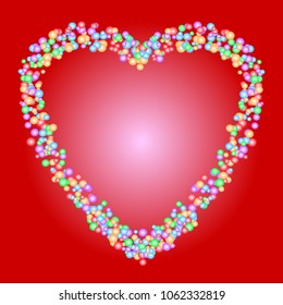 Heart shape pattern of colorful beads on red background. Vector illustration. Use as greeting / invitation card, backdrop, or montage in graphic design. Love, romance, valentine, or wedding concepts.