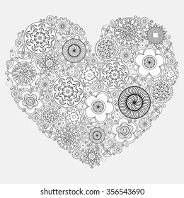 Heart Shape Pattern For Coloring Book Floral Imitation Of Retro Doodle Hand Drawing Black
