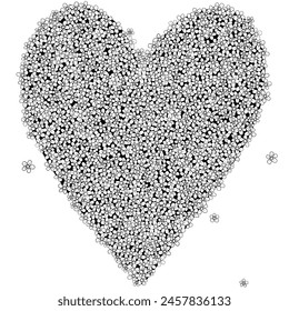 Heart shape pattern with different little flowers. Coloring book page. Black and white vector illustration. Doodle, hand drawn, mandala, zen art, anti stress.