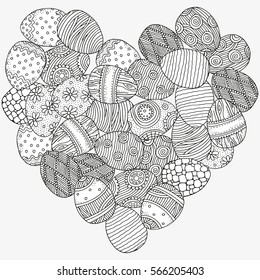 Heart shape pattern with Easter eggs. Pattern for adult coloring book. Easter hand-drawn decorative elements in vector.  Black and white pattern.  Zentangle.