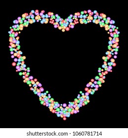 Heart shape pattern formed by colorful bubbles in various sizes isolated on black background. Vector illustration. Useful as backdrop, or image montage. Love, romance, valentine's, or wedding concepts