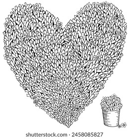 Heart shape pattern with grass and different little flowers. Coloring book page. Black and white vector illustration. Doodle, hand drawn, mandala, zen art, anti stress.