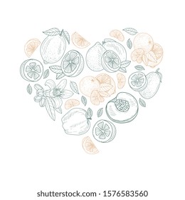 Heart shape pattern made from fruit contours. Vector illustration.