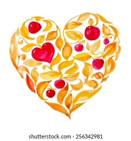 Heart shape pattern of watercolor paint on white background. Floral ornament for "valentines day" and wedding card.