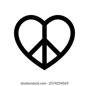 heart shape peace sign, black vector icon