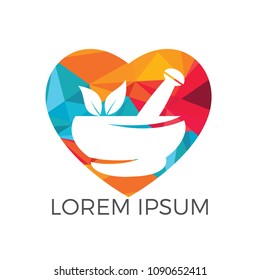 Heart shape pharmacy medical logo design. Natural mortar and pestle logotype, medicine herbal illustration symbol icon vector design.