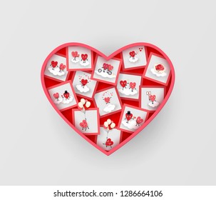 Heart shape with photos of pair of lovers in the image of cute hearts. Love story photo album. Vector illustration isolated on white background for design Valentines Day Wedding Engagement Honeymoon