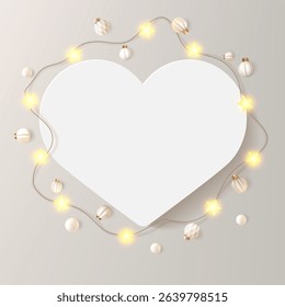 Heart shape picture frame. White card with wreath of shiny star light bulbs. Love message, birthday congrats, soft beige festive luxury bg. Realistic photo mockup, decorated with Christmas garland