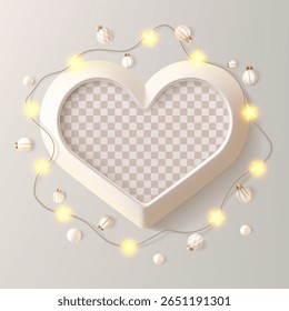 Heart shape picture frame. White card with wreath of shiny star light bulbs. Love message, birthday congrats, soft beige festive luxury bg. Realistic photo mockup, decorated with Christmas garland