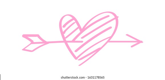 heart shape pink with arrow line isolated on white, heart pierced by an arrow for valentine's day concept, arrow and heart for clip art pink line, arrows hitting a heart shaped target