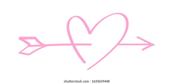heart shape pink with arrow line isolated on white, heart pierced by an arrow for valentine's day concept, arrow and heart for clip art pink line, arrows hitting a heart shaped target