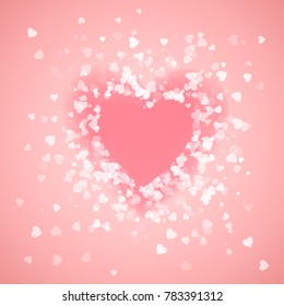 Heart shape pink confetti. Splash with pink heart frame inside. Happy Valentine`s day. Vector illustration