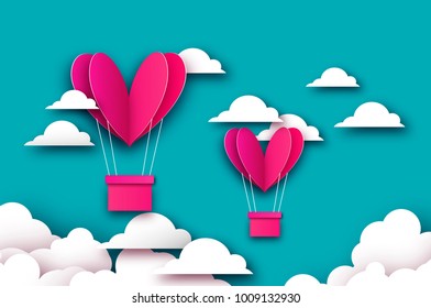 Heart shape Pink hot air balloon flying. Love in paper cut style. Origami Valentine day. Romantic Holidays. 14 February. Be my valentine. Blue sky with origami clouds on sky blue.