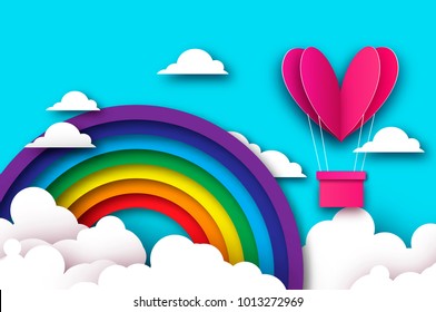 Heart shape Pink hot air balloon flying. Love in paper cut style. Origami Valentine day. Romantic Holidays. 14 February. Be my valentine. Blue sky with origami clouds and rainbow.