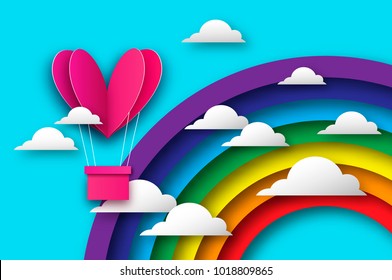 Heart shape Pink hot air balloon flying. Love in paper cut style. Origami Valentine day. Romantic Holidays. 14 February. Be my valentine. Blue sky with origami clouds and rainbow. Vector