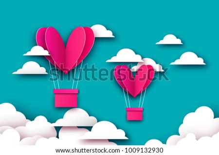 Heart shape Pink hot air balloon flying. Love in paper cut style. Origami Valentine day. Romantic Holidays. 14 February. Be my valentine. Blue sky with origami clouds on sky blue.