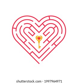 Heart shape pink maze concept icon with golden key. Vector illustration. Find path or way to soul, symbol of love, Happy Valentine's day