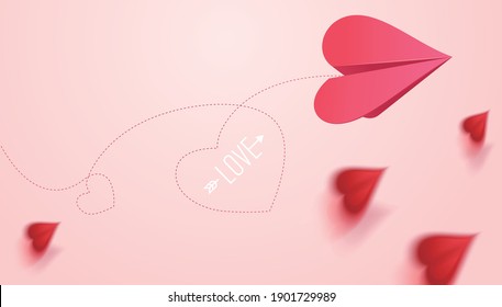 Heart shape pink paper plane flying on the pink background, vector symbol of love, happy woman, mother, Valentine's day, birthday card design.