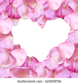 Heart shape of pink petals on white, vector frame. Valentine' s day template, wedding invitation or greeting card. 