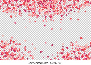 Heart shape pink and red confetti vector frame isolated on transparency grid background