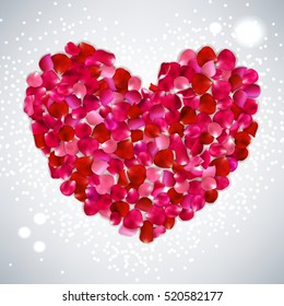 Heart shape of pink, red  rose petals on gray background, vector illustration Valentine's day with beautiful rose petals. Love backdrop. 