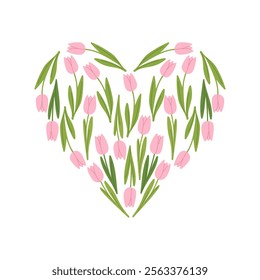 Heart shape from pink tulips, floral heart for Valentines Day, wedding, celebration of love, declaration of love, romanticism.