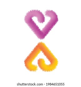 Heart shape in pink and yellow with furry texture, isolated on white background.