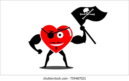 Heart shape pirate with pirate's flag cartoon.