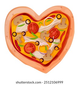 Heart shape Pizza top view with salami, olives, tomato and mushrooms isolated on white background. Whole pizza with cheese love, tasty italian food.