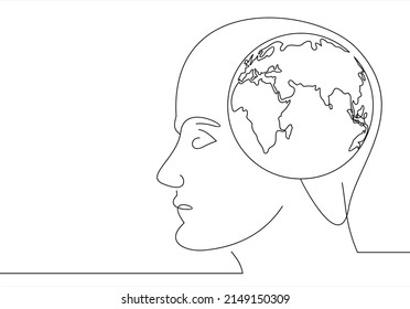 Herzform Planet Erde Globus in Silhouette eines menschlichen Kopfes. Umweltkonzept der Ökologie.