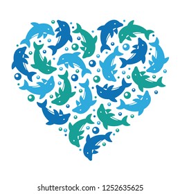 Heart shape from playful dolphin school making bubbles vector illustration 