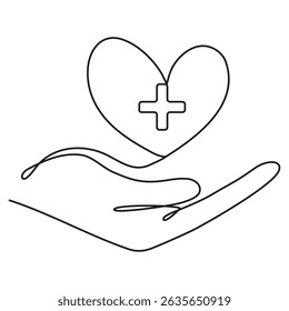 Heart shape with plus sign in hand continuous line drawing. Medicine health care concept. Vector illustration isolated on white.