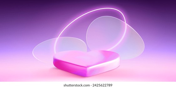 Heart shape podium with glass morphism decor on purple background. Vector realistic illustration of holographic platform for product presentation, neon circle decoration, futuristic showroom design