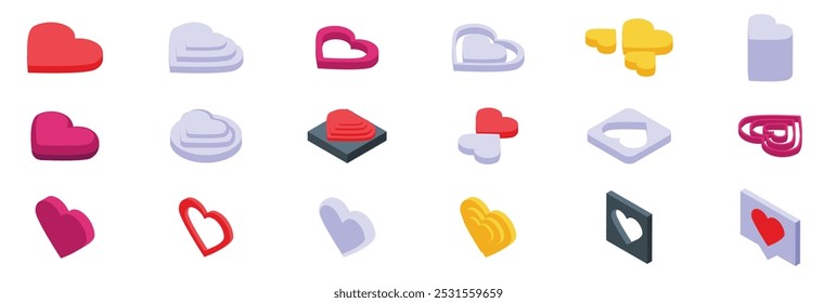Heart shape podium icons set. This set of various hearts is perfect for representing love and affection in a modern and trendy isometric style