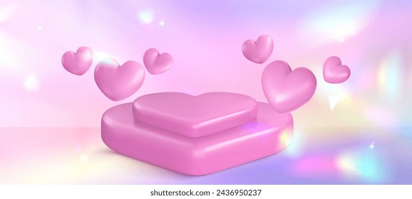 Podio en forma de corazón sobre fondo degradado pastel. Ilustración realista del vector de la plataforma del símbolo del amor, presentación del regalo del día de San Valentín, maqueta del pedestal para la sorpresa romántica, telón de fondo iridiscente