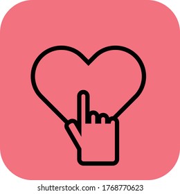 Heart shape with pointing finger on pink background, vector illustration