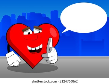 Heart Shape with pointing at the viewer with his hand as a cartoon character, funny red love holiday illustration.