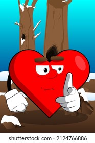 Heart Shape with pointing at the viewer with his hand as a cartoon character, funny red love holiday illustration.