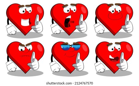 Heart Shape with pointing at the viewer with his hand as a cartoon character, funny red love holiday illustration.