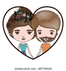 heart shape portrait with color crayon silhouette caricature couple and both with brown hair and her with collected hair and floral crown and him with beard vector illustration