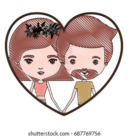 heart shape portrait with color crayon silhouette caricature couple and both with light brown hair and her with short hair and floral crown and him with van dyke beard vector illustration